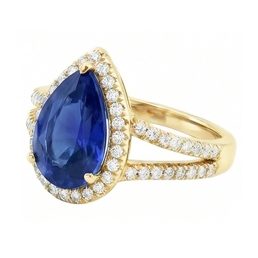 Anello con diamanti Halo e zaffiro a pera dello Sri Lanka 8 carati con gambo diviso