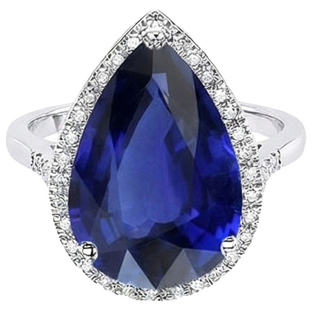 Anello con diamanti Halo ovale con zaffiro di Ceylon 7.50 carati