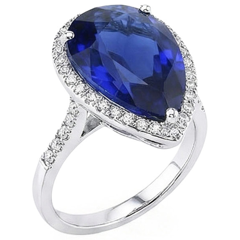 Anello con diamanti Halo ovale con zaffiro di Ceylon 7.50 carati
