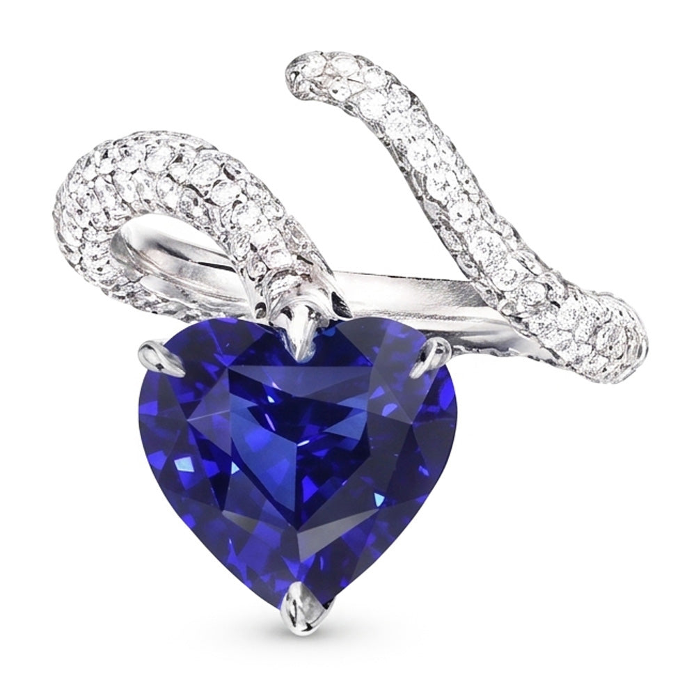 Anello con diamanti a forma di cuore con zaffiro blu. stile intrecciato. 5 carati