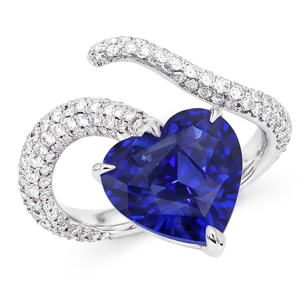 Anello con diamanti a forma di cuore con zaffiro blu. stile intrecciato. 5 carati