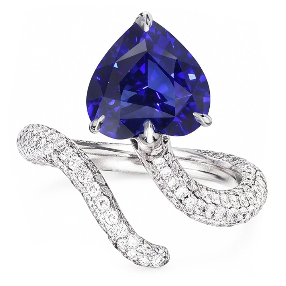 Anello con diamanti a forma di cuore con zaffiro blu. stile intrecciato. 5 carati