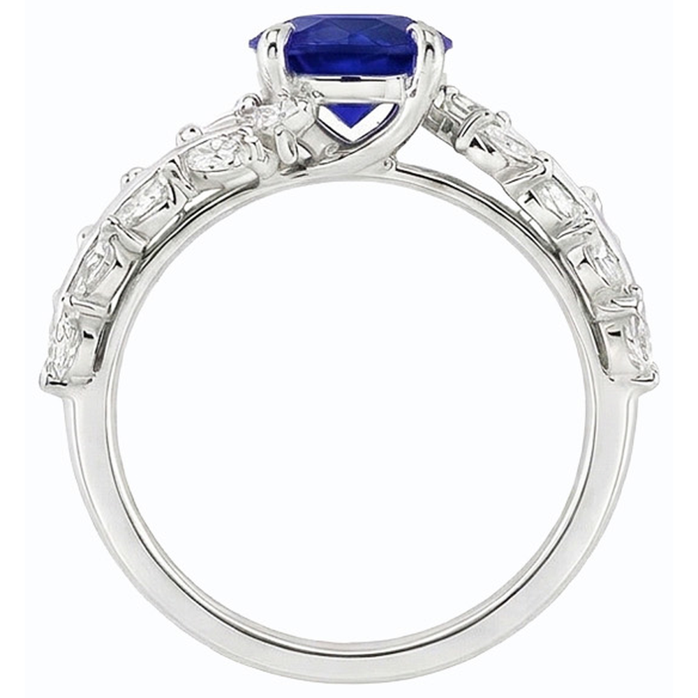 Anello con diamanti a marquise e zaffiro rotondo di Ceylon stile foglia 4.50 carati
