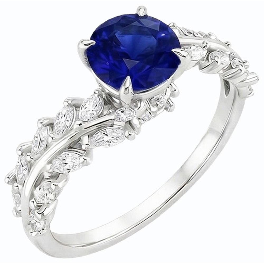 Anello con diamanti a marquise e zaffiro rotondo di Ceylon stile foglia 4.50 carati