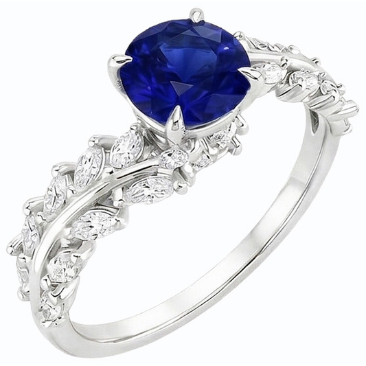Anello con diamanti a marquise e zaffiro rotondo di Ceylon stile foglia 4.50 carati