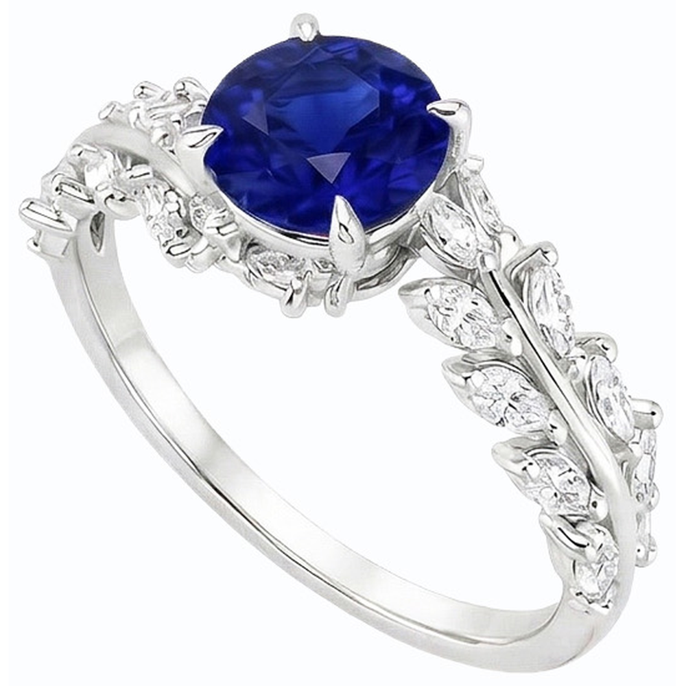 Anello con diamanti a marquise e zaffiro rotondo di Ceylon stile foglia 4.50 carati