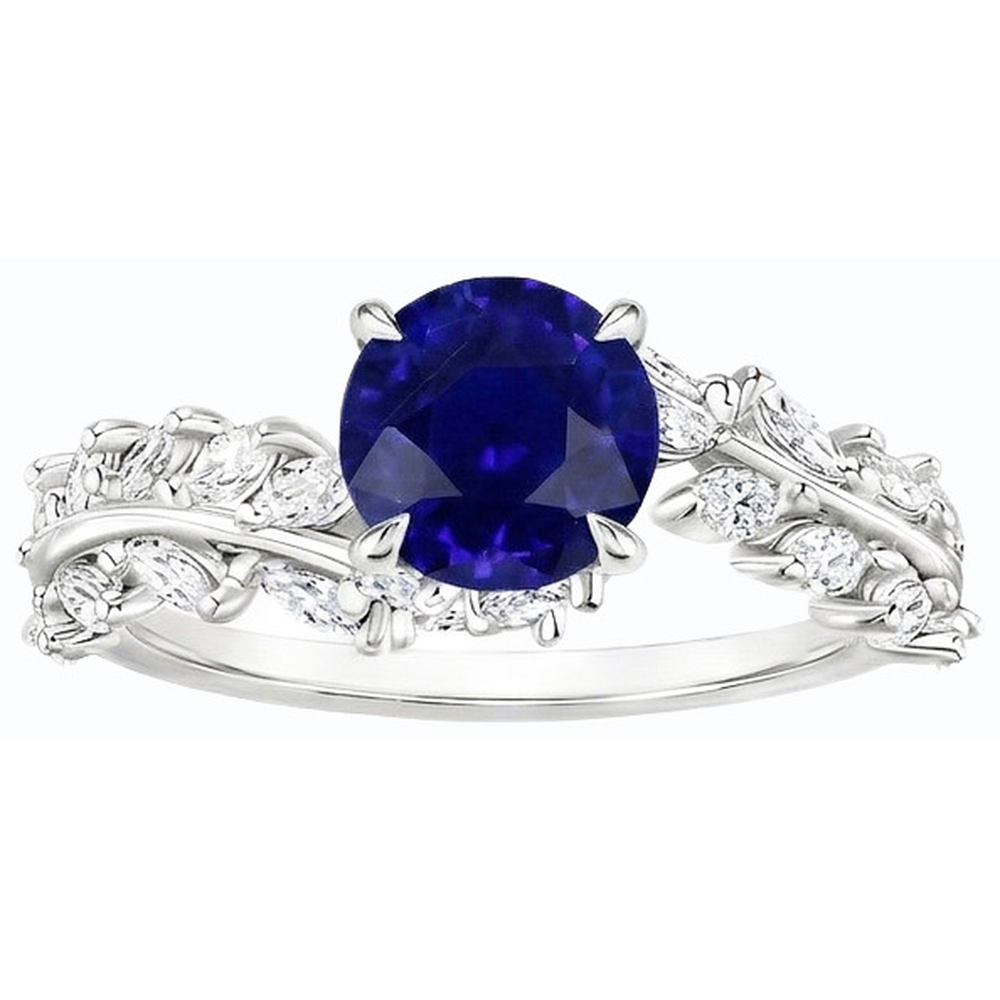 Anello con diamanti a marquise e zaffiro rotondo di Ceylon stile foglia 4.50 carati
