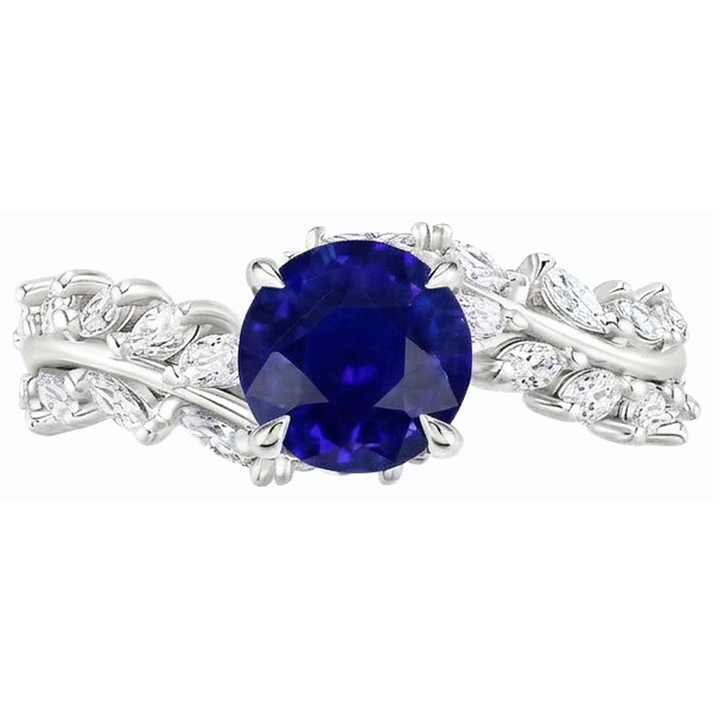 Anello con diamanti a marquise e zaffiro rotondo di Ceylon stile foglia 4.50 carati