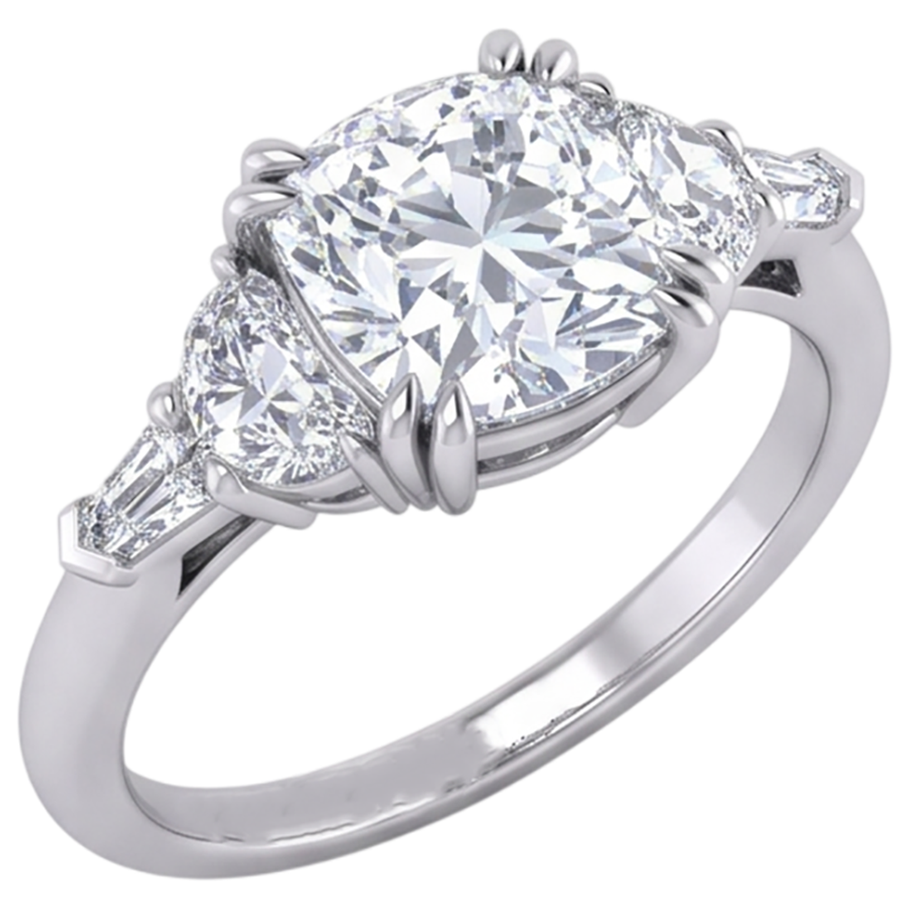 Anello con diamanti baguette a mezzaluna taglio cuscino da 3 ct. Taglio eccellente 14K