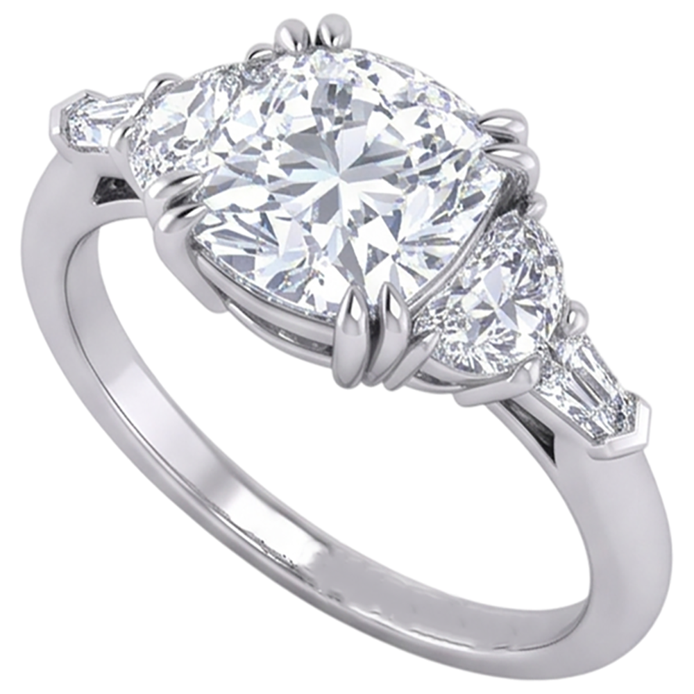 Anello con diamanti baguette a mezzaluna taglio cuscino da 3 ct. Taglio eccellente 14K