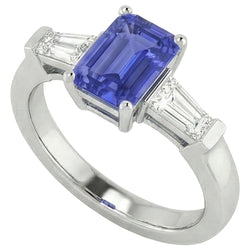 Anello con diamanti blu zaffiro taglio smeraldo 1,75 carati 3 pietre baguette in oro bianco 14k
