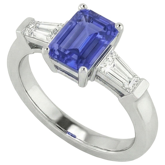 Anello con diamanti blu zaffiro taglio smeraldo 1,75 carati 3 pietre baguette in oro bianco 14k