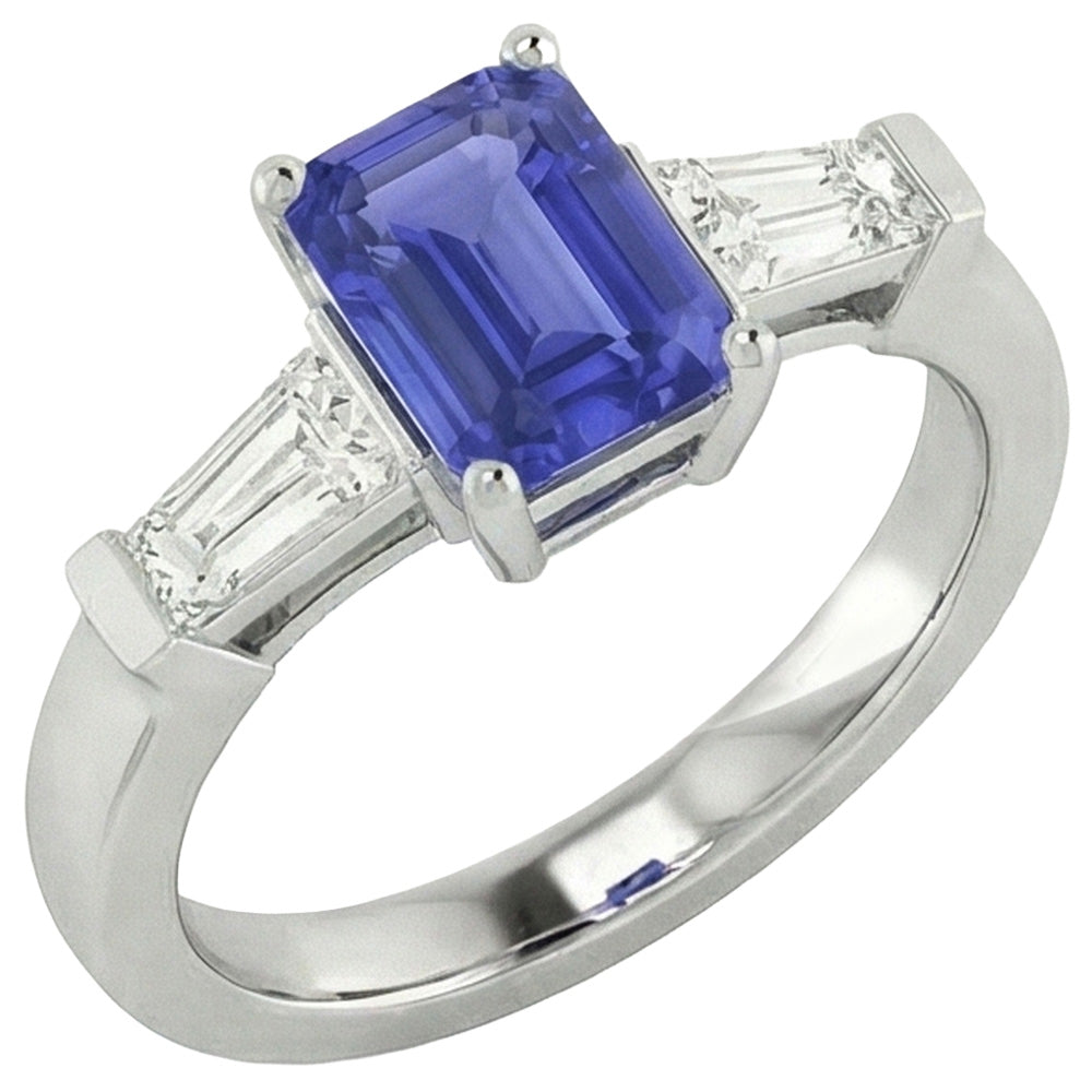 Anello con diamanti blu zaffiro taglio smeraldo 1,75 carati 3 pietre baguette in oro bianco 14k