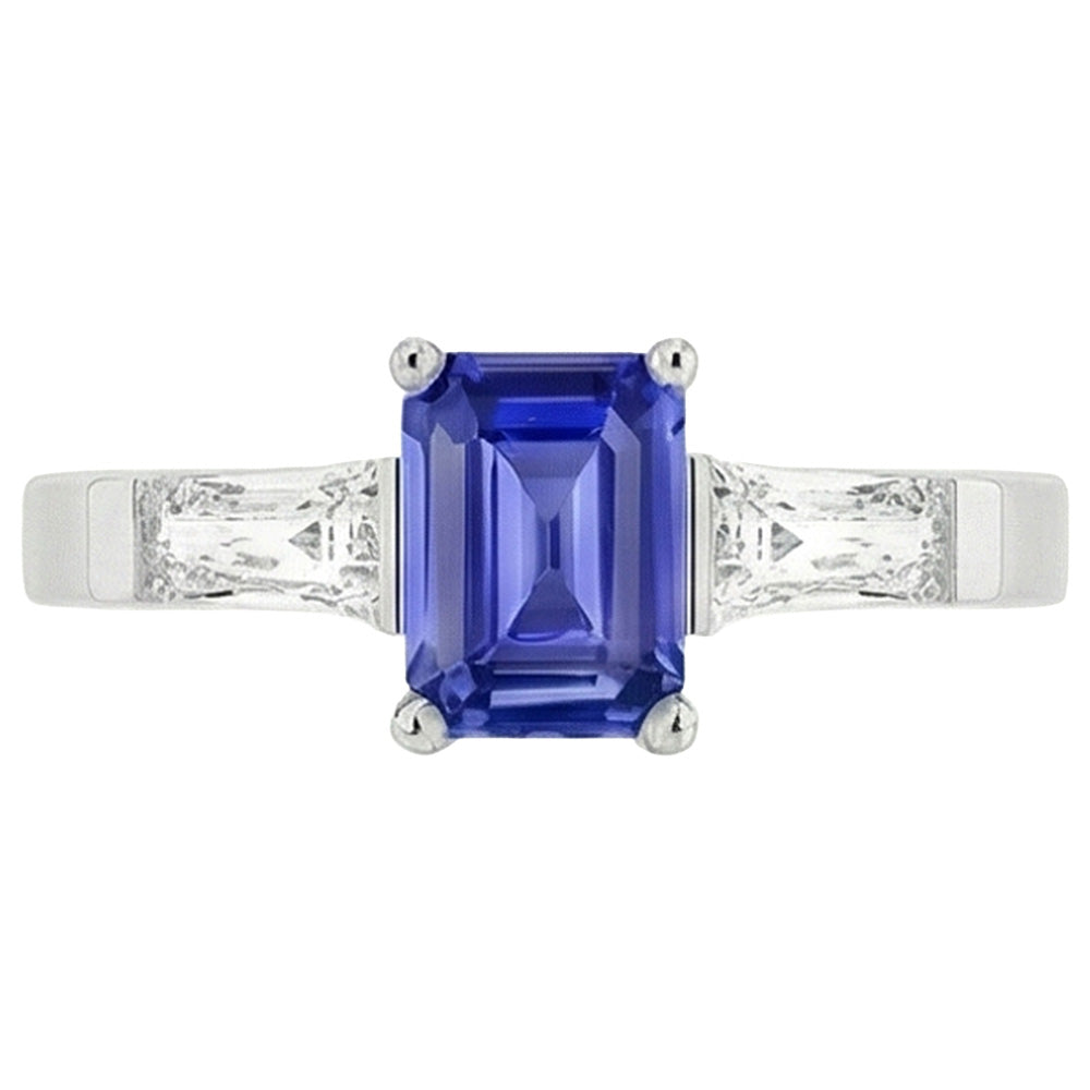 Anello con diamanti blu zaffiro taglio smeraldo 1,75 carati 3 pietre baguette in oro bianco 14k