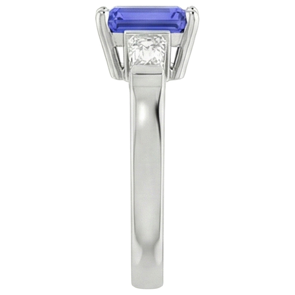 Anello con diamanti blu zaffiro taglio smeraldo 1,75 carati 3 pietre baguette in oro bianco 14k