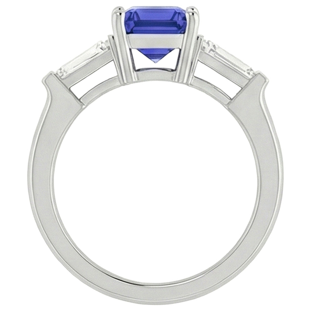 Anello con diamanti blu zaffiro taglio smeraldo 1,75 carati 3 pietre baguette in oro bianco 14k