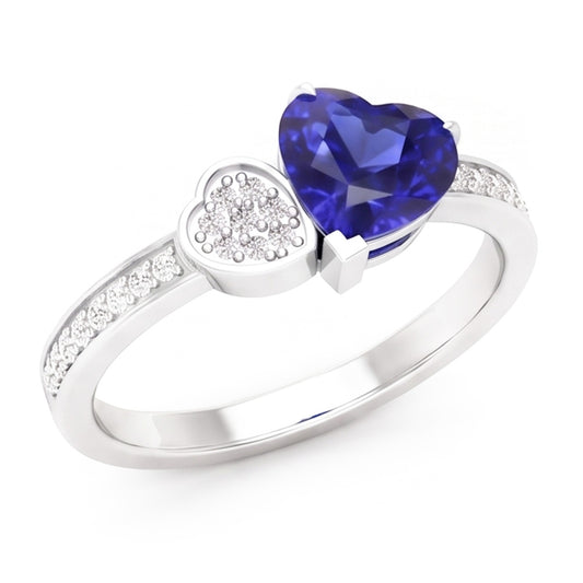Anello con diamanti cuore zaffiro blu da 2,50 carati in oro bianco 14K