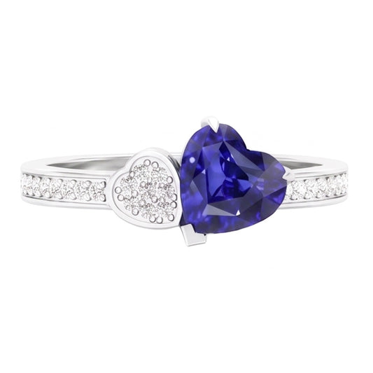Anello con diamanti cuore zaffiro blu da 2,50 carati in oro bianco 14K