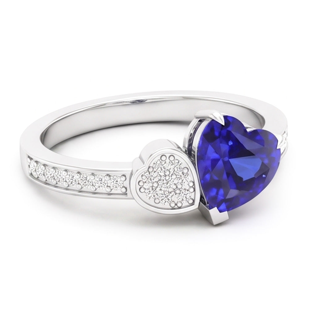 Anello con diamanti cuore zaffiro blu da 2,50 carati in oro bianco 14K