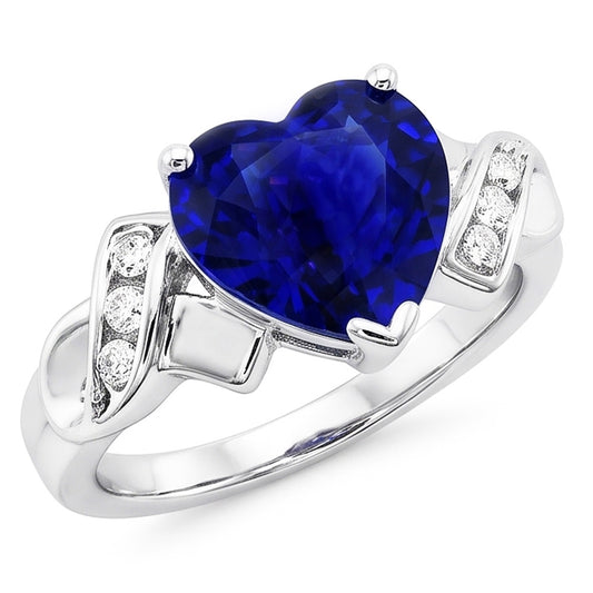 Anello con diamanti. cuore. zaffiro di Ceylon. oro bianco. 2.50 carati