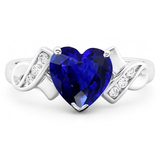 Anello con diamanti. cuore. zaffiro di Ceylon. oro bianco. 2.50 carati