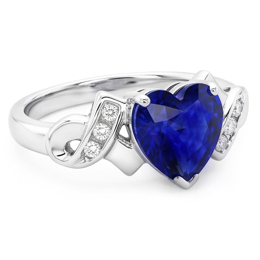Anello con diamanti. cuore. zaffiro di Ceylon. oro bianco. 2.50 carati