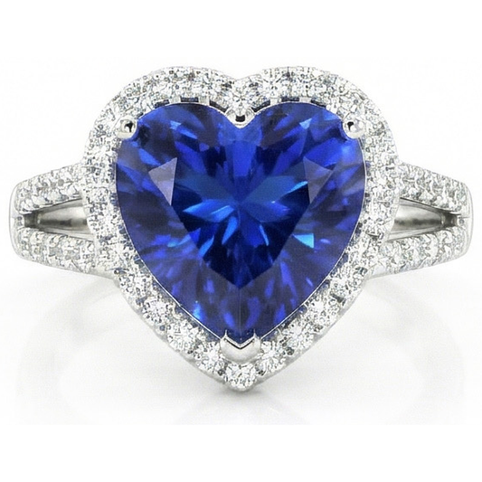 Anello con diamanti da 4,60 carati e zaffiro blu di Ceylon in oro bianco 14K