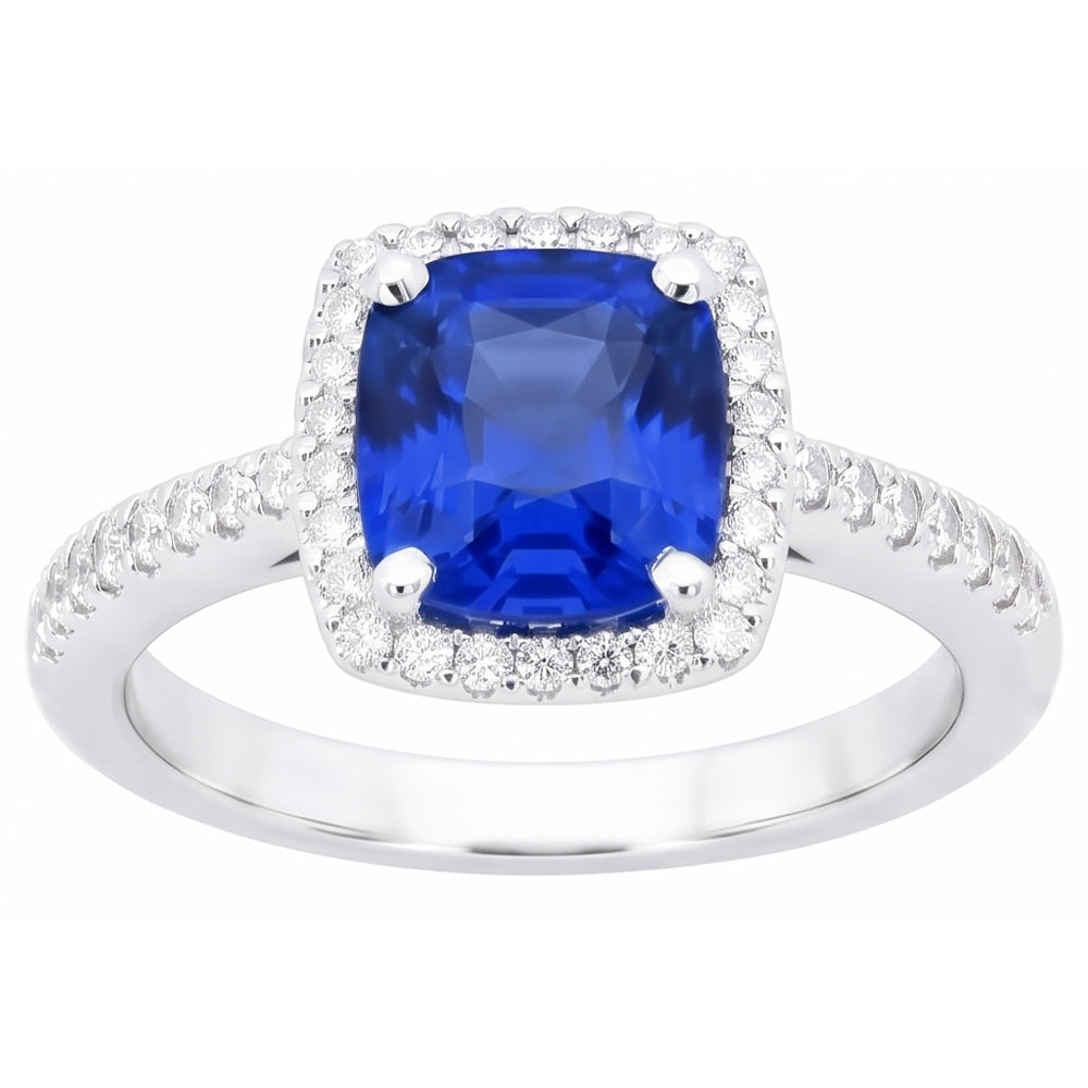 Anello con diamanti e pietre preziose con zaffiro dello Sri Lanka taglio cuscino da 1.80 ct