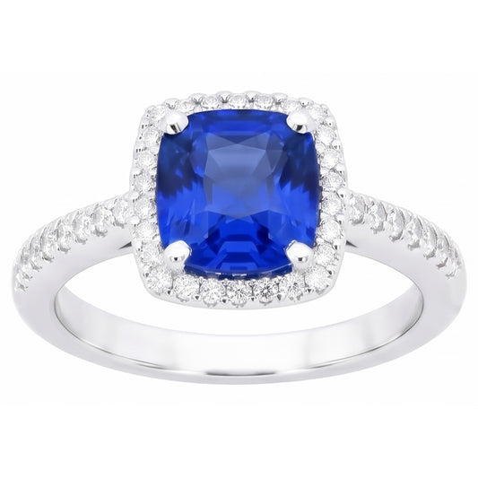 Anello con diamanti e pietre preziose con zaffiro dello Sri Lanka taglio cuscino da 1.80 ct