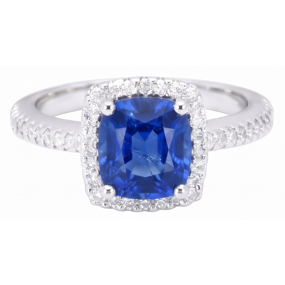 Anello con diamanti e pietre preziose con zaffiro dello Sri Lanka taglio cuscino da 1.80 ct