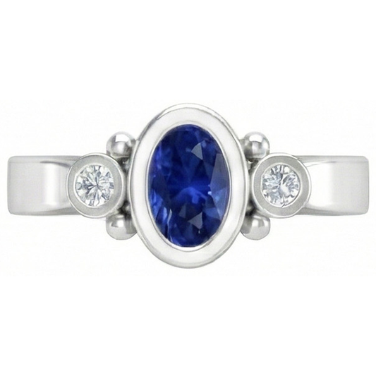 Anello con diamanti in zaffiro blu di Ceylon e castone in oro bianco da 1,70 carati 14K