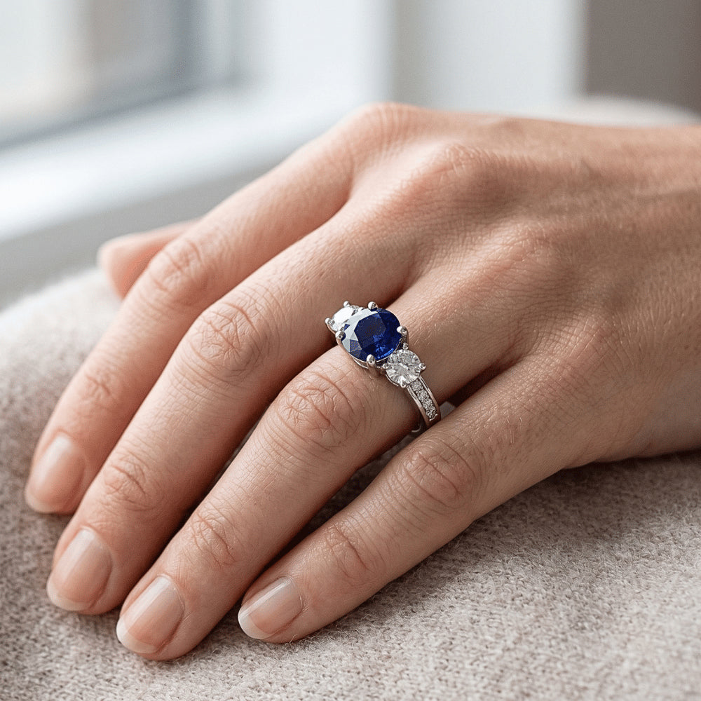 Anello con diamanti rotondi con zaffiro di Ceylon 3.50 carati Gioielli da donna