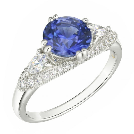 Anello con diamanti rotondi con zaffiro di Ceylon stile antico 2.75 carati
