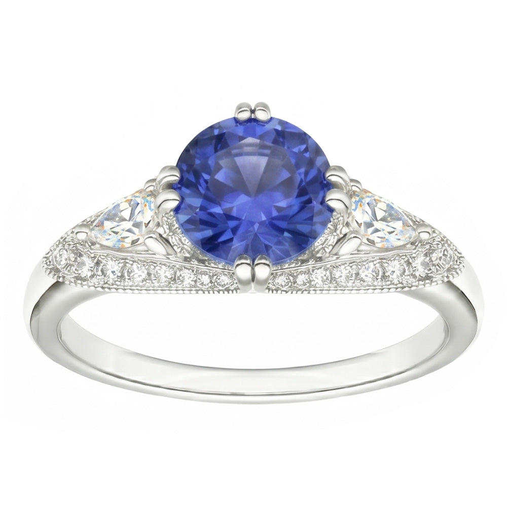 Anello con diamanti rotondi con zaffiro di Ceylon stile antico 2.75 carati