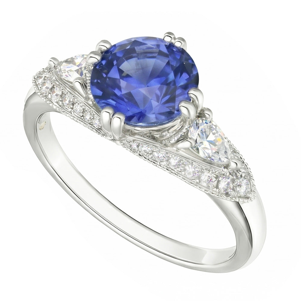 Anello con diamanti rotondi con zaffiro di Ceylon stile antico 2.75 carati
