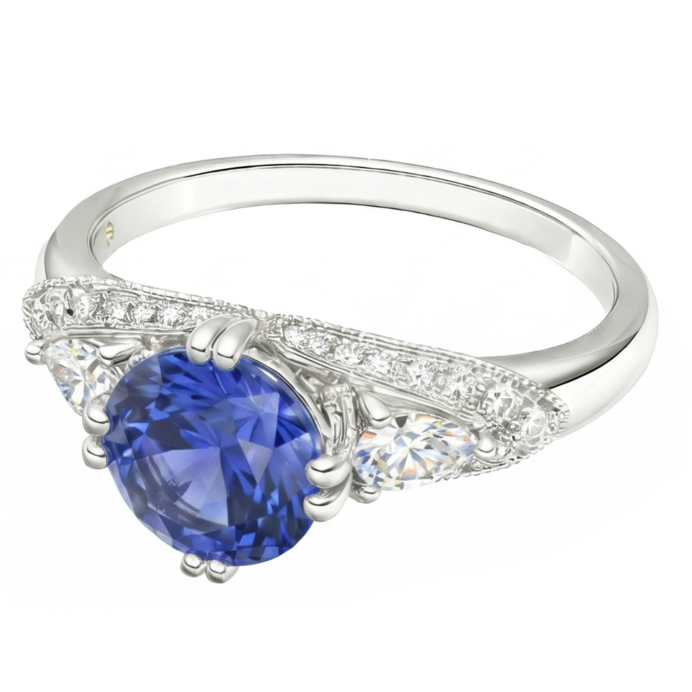 Anello con diamanti rotondi con zaffiro di Ceylon stile antico 2.75 carati