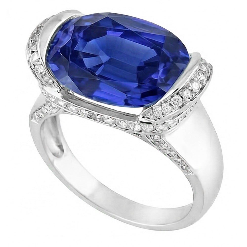 Anello con diamanti tondi e zaffiri blu taglio ovale con montatura a barra 4.50 carati