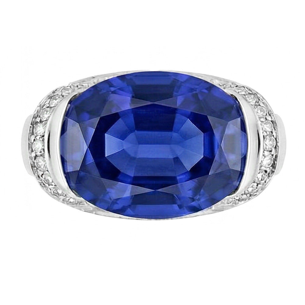 Anello con diamanti tondi e zaffiri blu taglio ovale con montatura a barra 4.50 carati