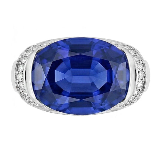 Anello con diamanti tondi e zaffiri blu taglio ovale con montatura a barra 4.50 carati