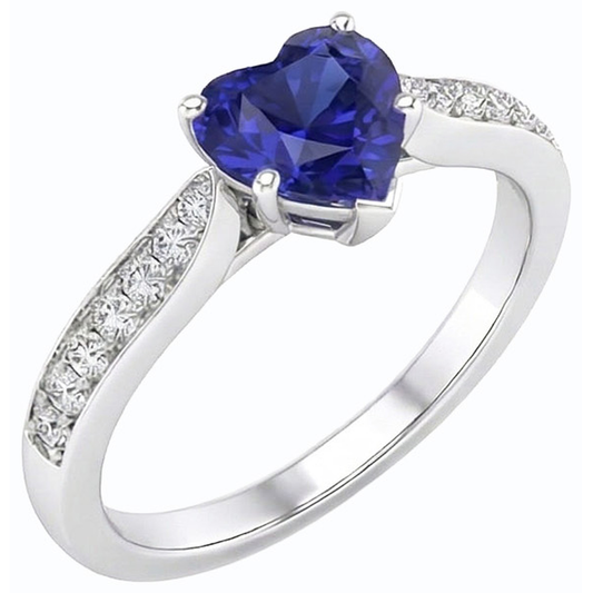 Anello con diamanti zaffiro Ceylon taglio cuore da 2,50 carati accentati in oro bianco 14K