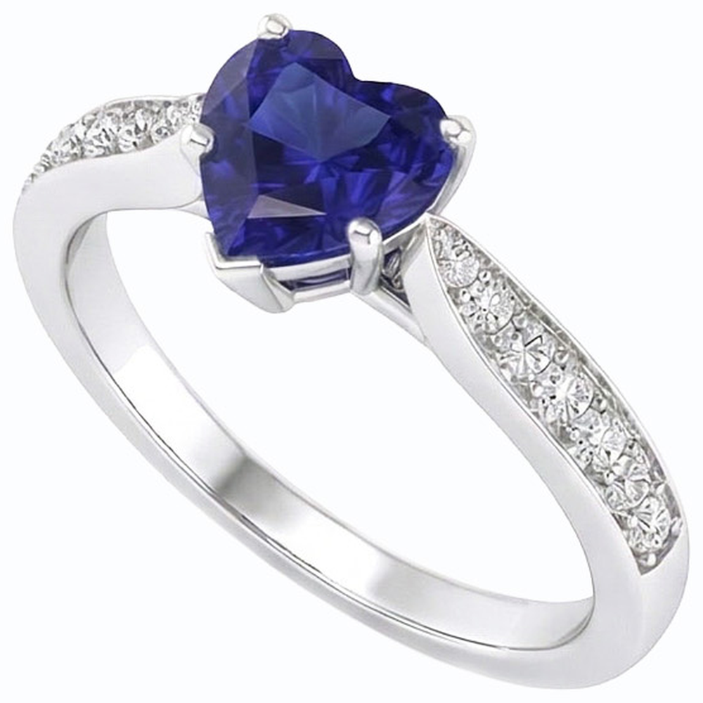 Anello con diamanti zaffiro Ceylon taglio cuore da 2,50 carati accentati in oro bianco 14K