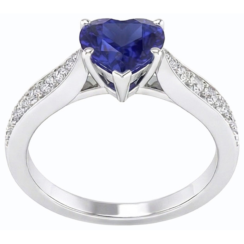 Anello con diamanti zaffiro Ceylon taglio cuore da 2,50 carati accentati in oro bianco 14K