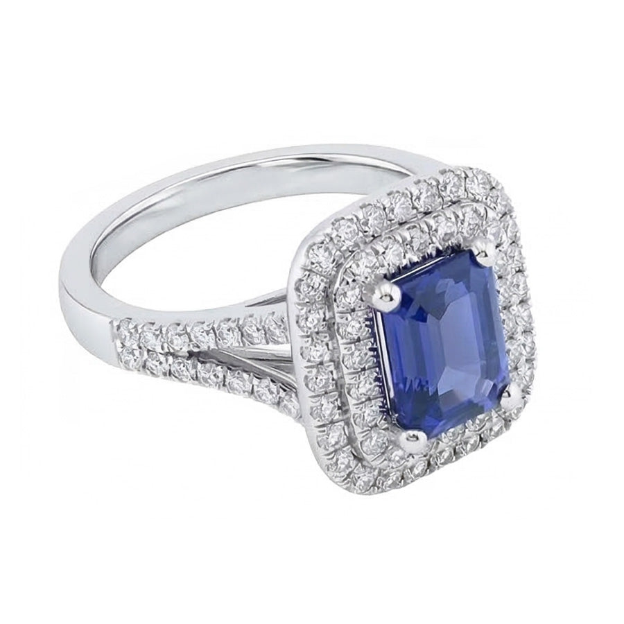 Anello con doppio alone a forma di smeraldo con zaffiro blu naturale 4 carati