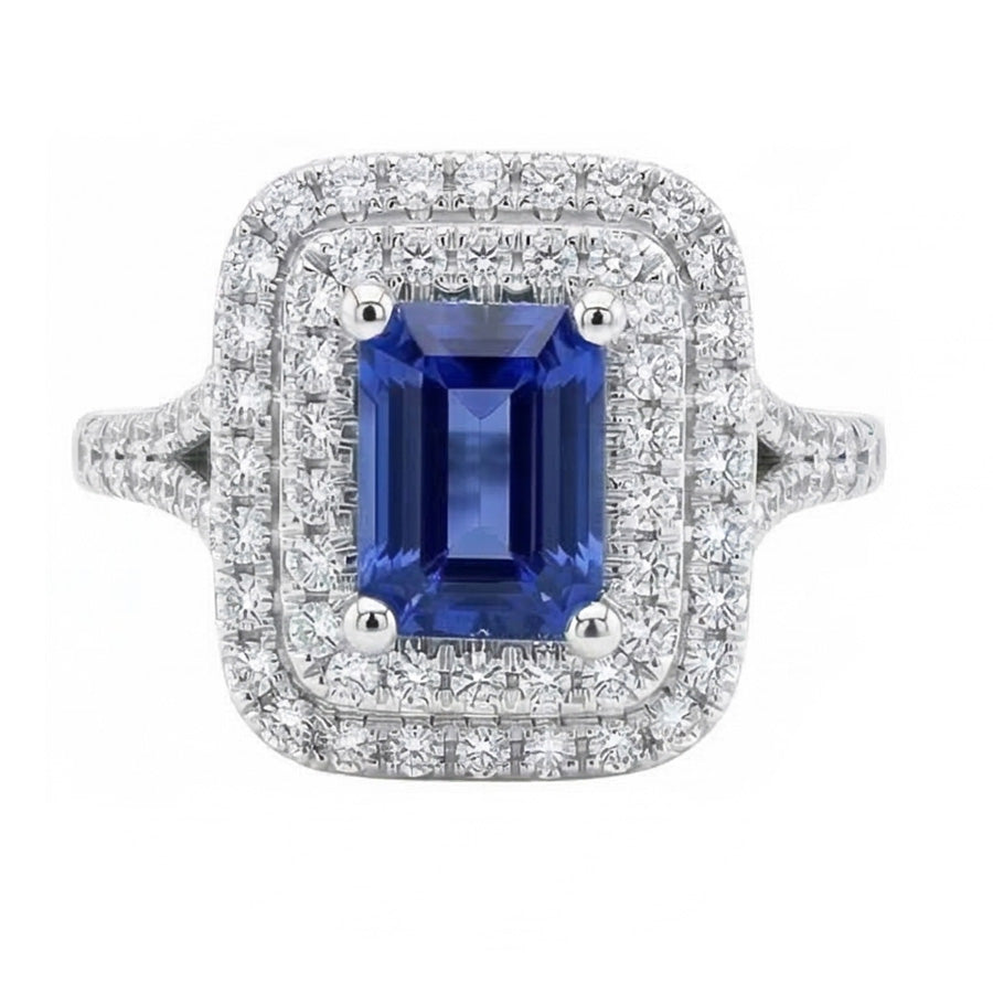 Anello con doppio alone a forma di smeraldo con zaffiro blu naturale 4 carati
