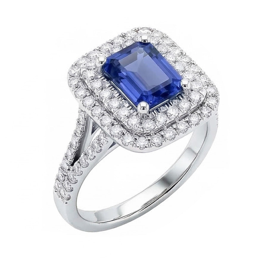 Anello con doppio alone a forma di smeraldo con zaffiro blu naturale 4 carati