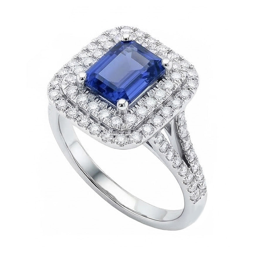 Anello con doppio alone a forma di smeraldo con zaffiro blu naturale 4 carati
