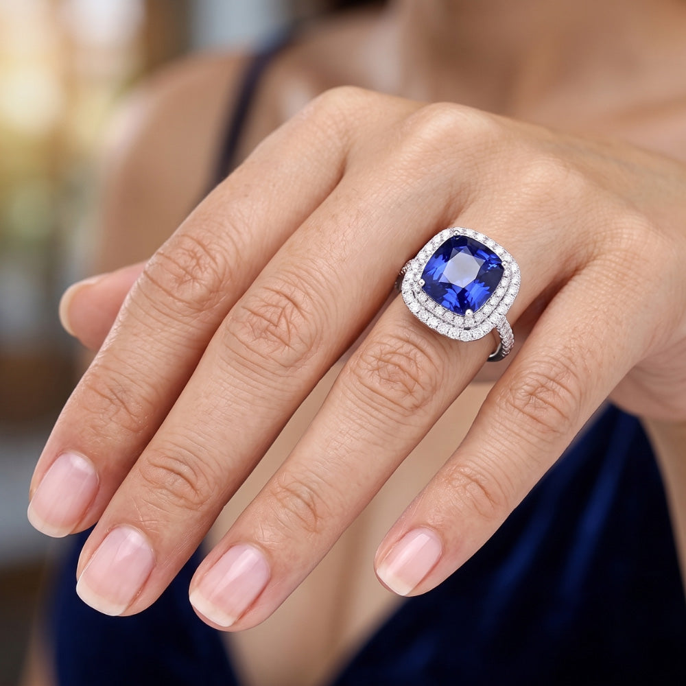 Anello con doppio alone di zaffiro blu Gioielli in oro 14K con diamanti 5 carati
