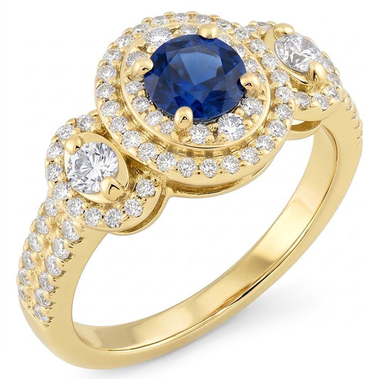Anello con doppio alone rotondo con zaffiro e pavé di diamanti 4.50 carati