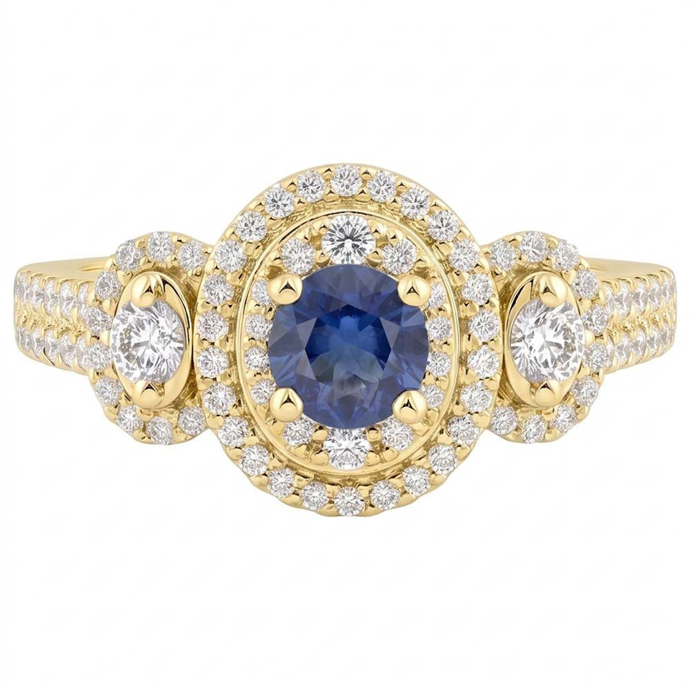 Anello con doppio alone rotondo con zaffiro e pavé di diamanti 4.50 carati