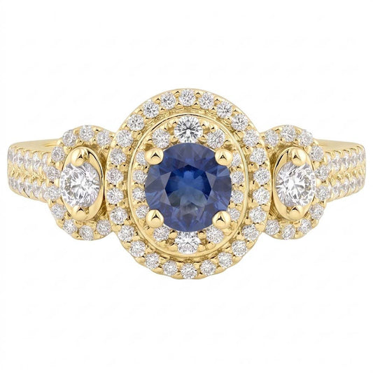 Anello con doppio alone rotondo con zaffiro e pavé di diamanti 4.50 carati